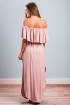 Off Shoulder Ruffle Flounce Smocked Waist Pocket Side Slit Maxi Dress