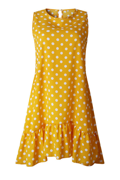 Polka Dot Crew Neck Sleeveless Ruffle Hem A-Line Mini Dress