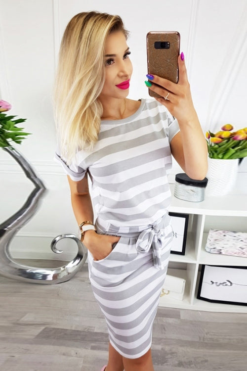 Boat Neck Short Sleeve Belted Bow Waist Pencil Midi Dress