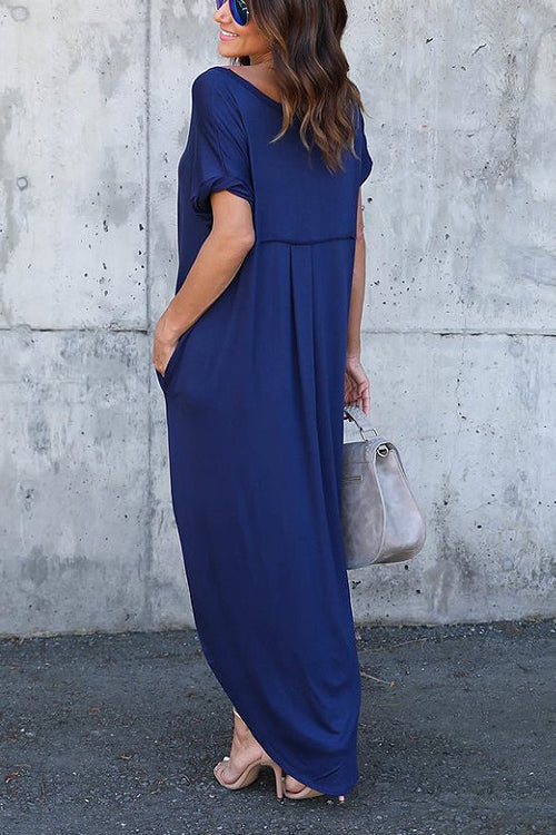 V-Neck Short Sleeve Pocket Side Slit Knotted Hem T-Shirt Maxi Dress
