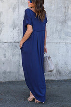 V-Neck Short Sleeve Pocket Side Slit Knotted Hem T-Shirt Maxi Dress