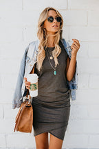 Ruched Crew Neck Puff Sleeve Tulip Hem Bodycon Mini Dress