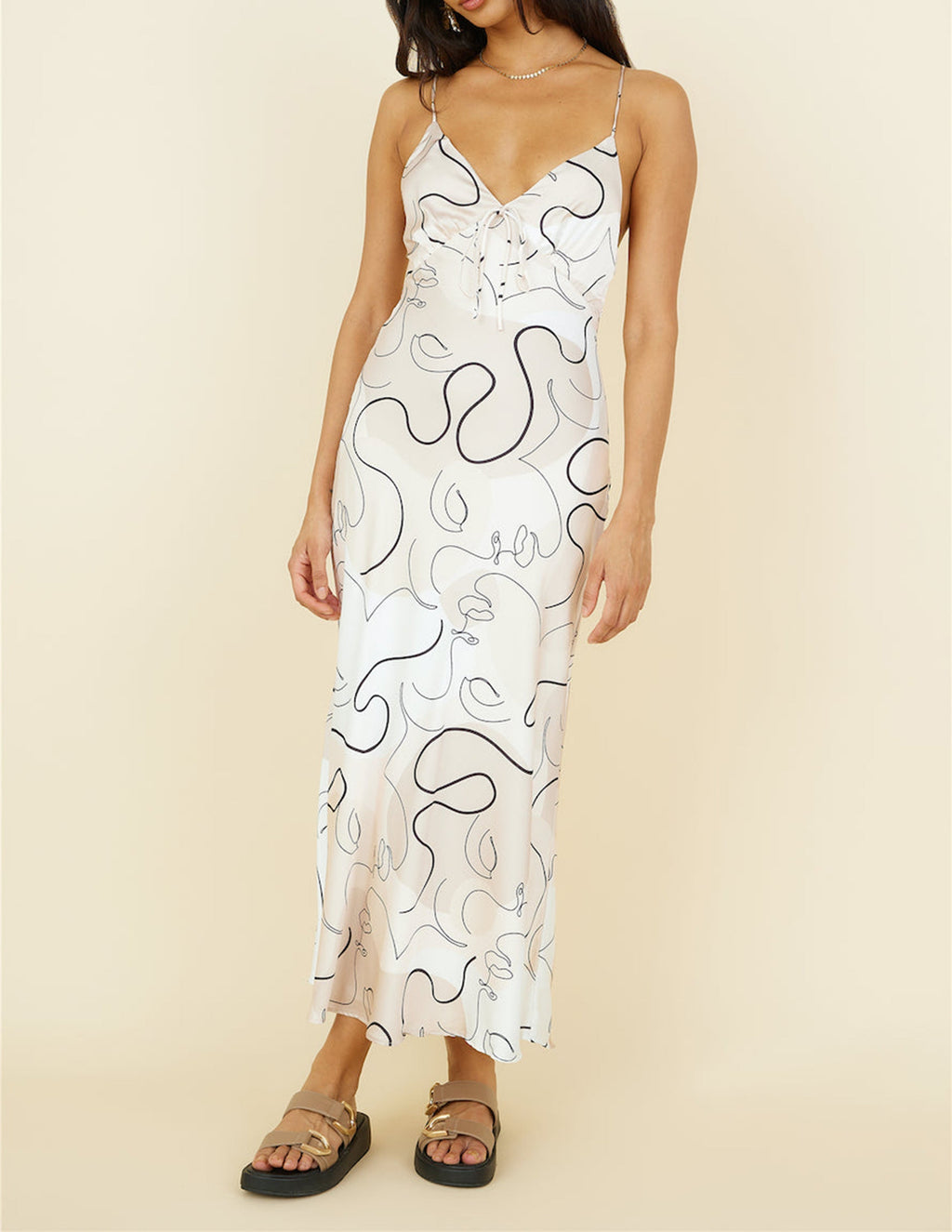 Abstract Line Art Print Spaghetti Strap Lace Up V-Neck Slip Maxi Dress