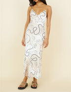 Abstract Line Art Print Spaghetti Strap Lace Up V-Neck Slip Maxi Dress
