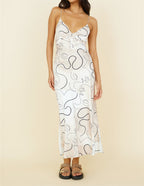 Abstract Line Art Print Spaghetti Strap Lace Up V-Neck Slip Maxi Dress
