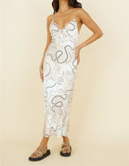 Abstract Line Art Print Spaghetti Strap Lace Up V-Neck Slip Maxi Dress