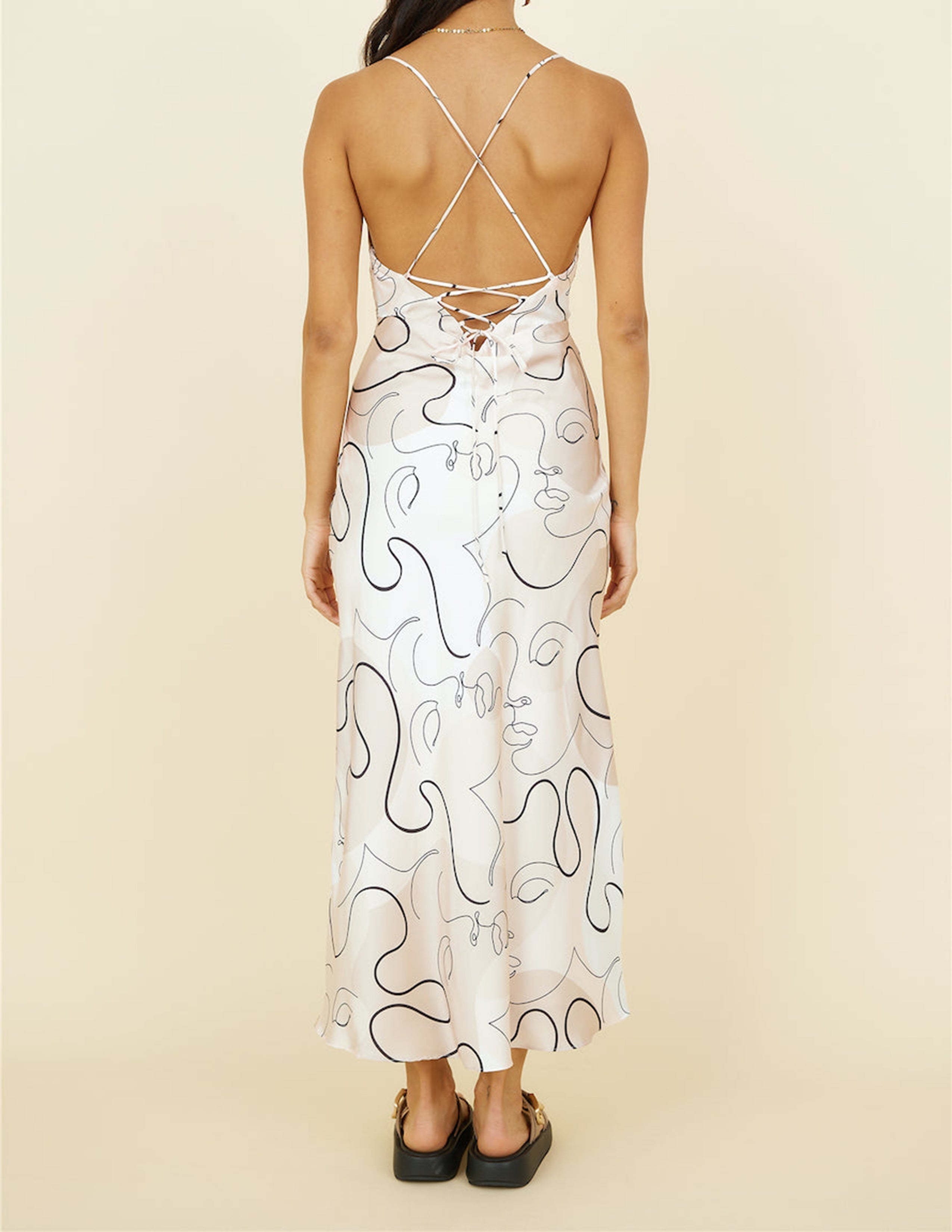 Abstract Line Art Print Spaghetti Strap Lace Up V-Neck Slip Maxi Dress
