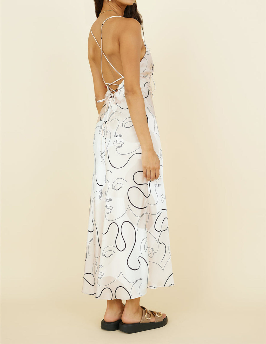 Abstract Line Art Print Spaghetti Strap Lace Up V-Neck Slip Maxi Dress