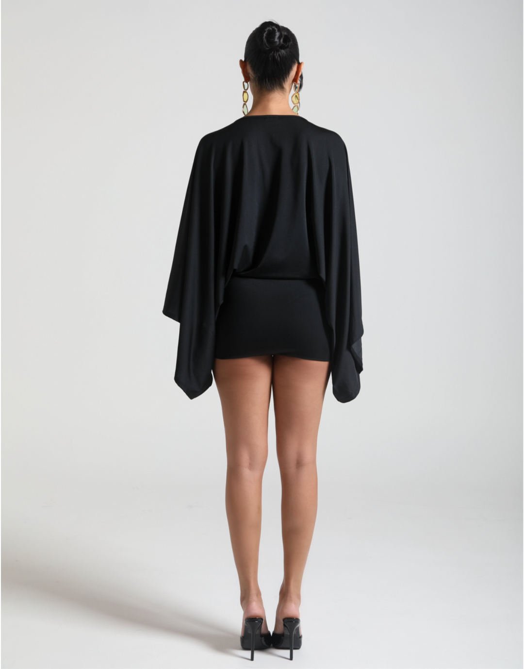 Deep V Neck Cape Sleeve Ruched Skirt Bodycon Mini Dress