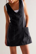 Deep V-Neck Patch Pocket Denim Pinafore Mini Dress