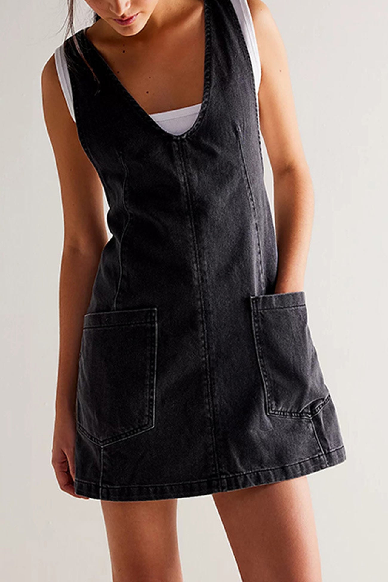 Deep V-Neck Patch Pocket Denim Pinafore Mini Dress
