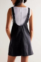 Deep V-Neck Patch Pocket Denim Pinafore Mini Dress