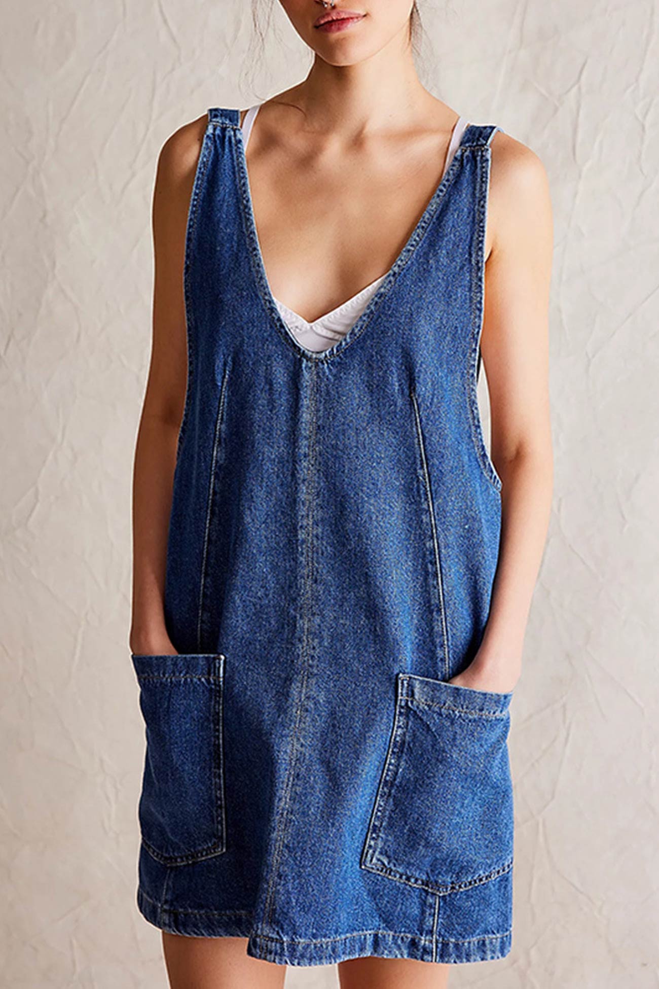 Deep V-Neck Patch Pocket Denim Pinafore Mini Dress