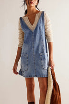 Deep V-Neck Patch Pocket Denim Pinafore Mini Dress