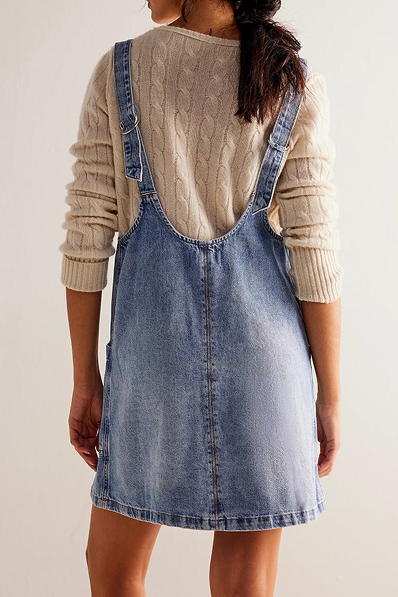 Deep V-Neck Patch Pocket Denim Pinafore Mini Dress