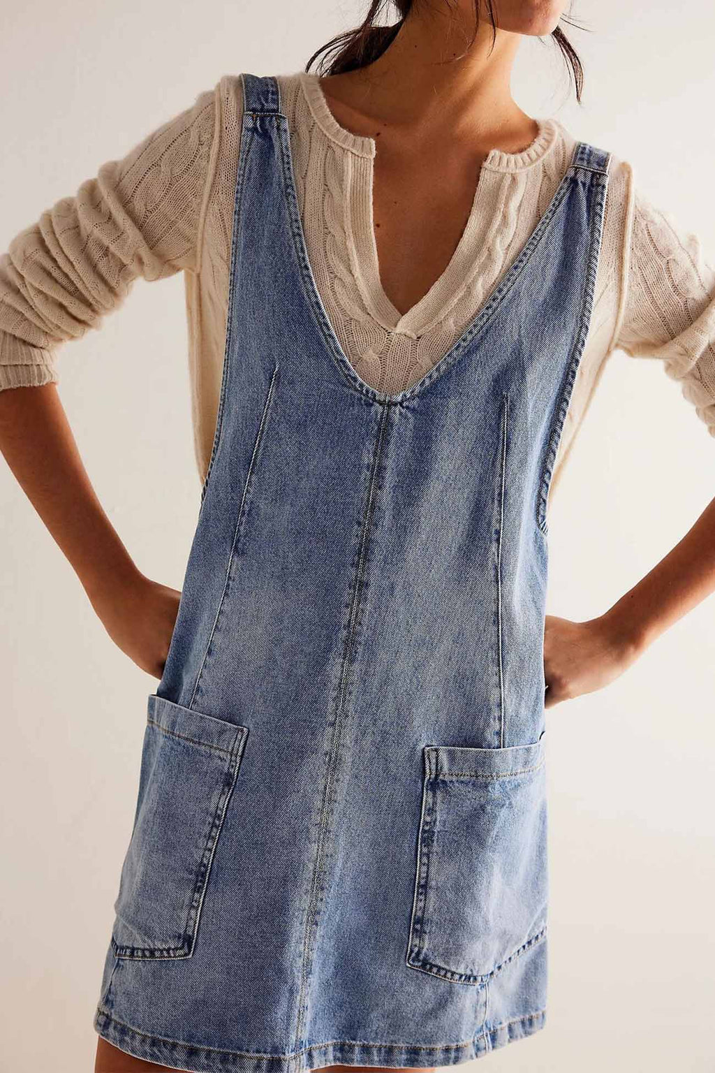 Deep V-Neck Patch Pocket Denim Pinafore Mini Dress