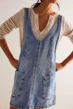 Deep V-Neck Patch Pocket Denim Pinafore Mini Dress