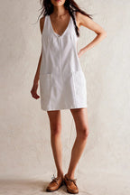 Deep V-Neck Patch Pocket Denim Pinafore Mini Dress