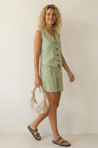V Neck Button Front Vest Shorts Set