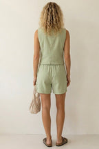 V Neck Button Front Vest Shorts Set