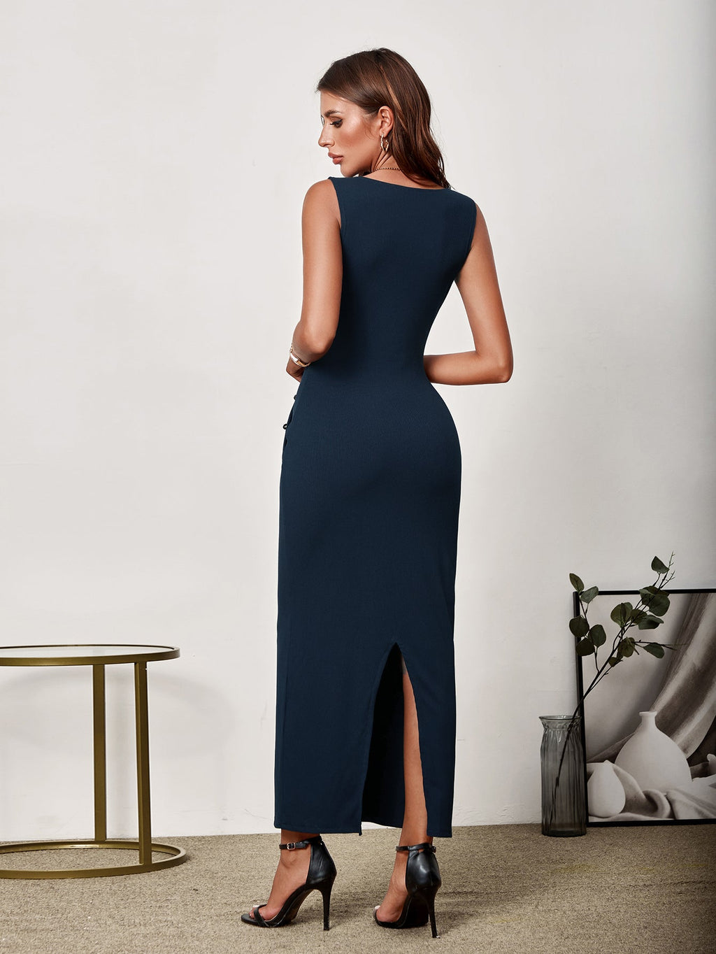 V-Neck Button Placket Back Split Bodycon Dress