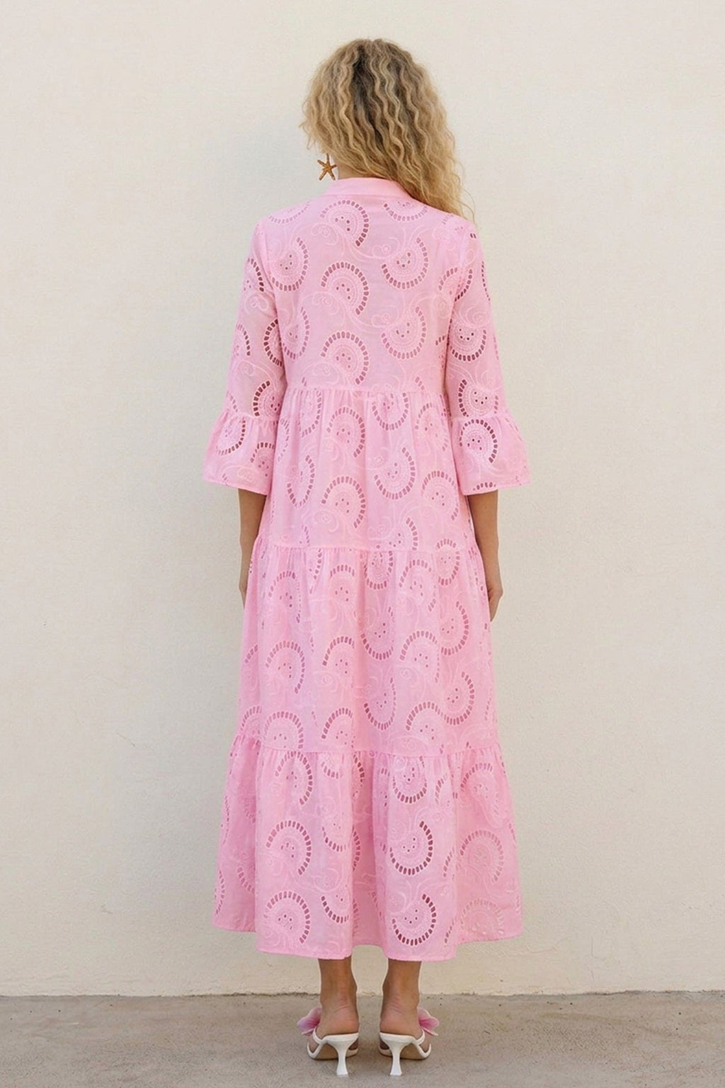 V Neck Flares Sleeve Embroidery Cotton Dress