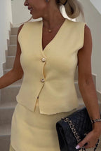 V Neck Knit Tank Top Patchwork Pleated Skirt Set