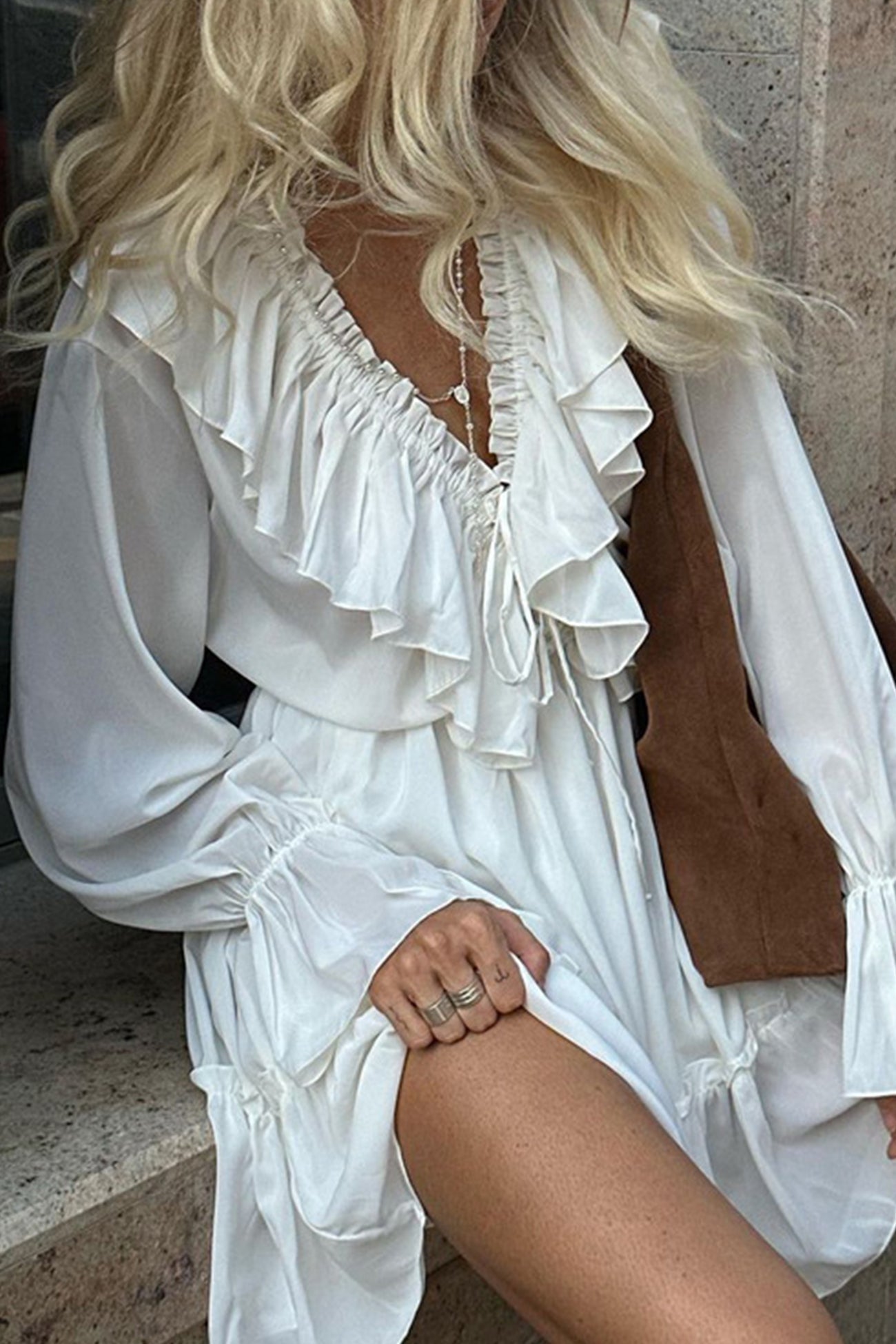 Deep V-Neck Ruffle Trim Trumpet Sleeve Tiered Ruffle Hem Mini Dress
