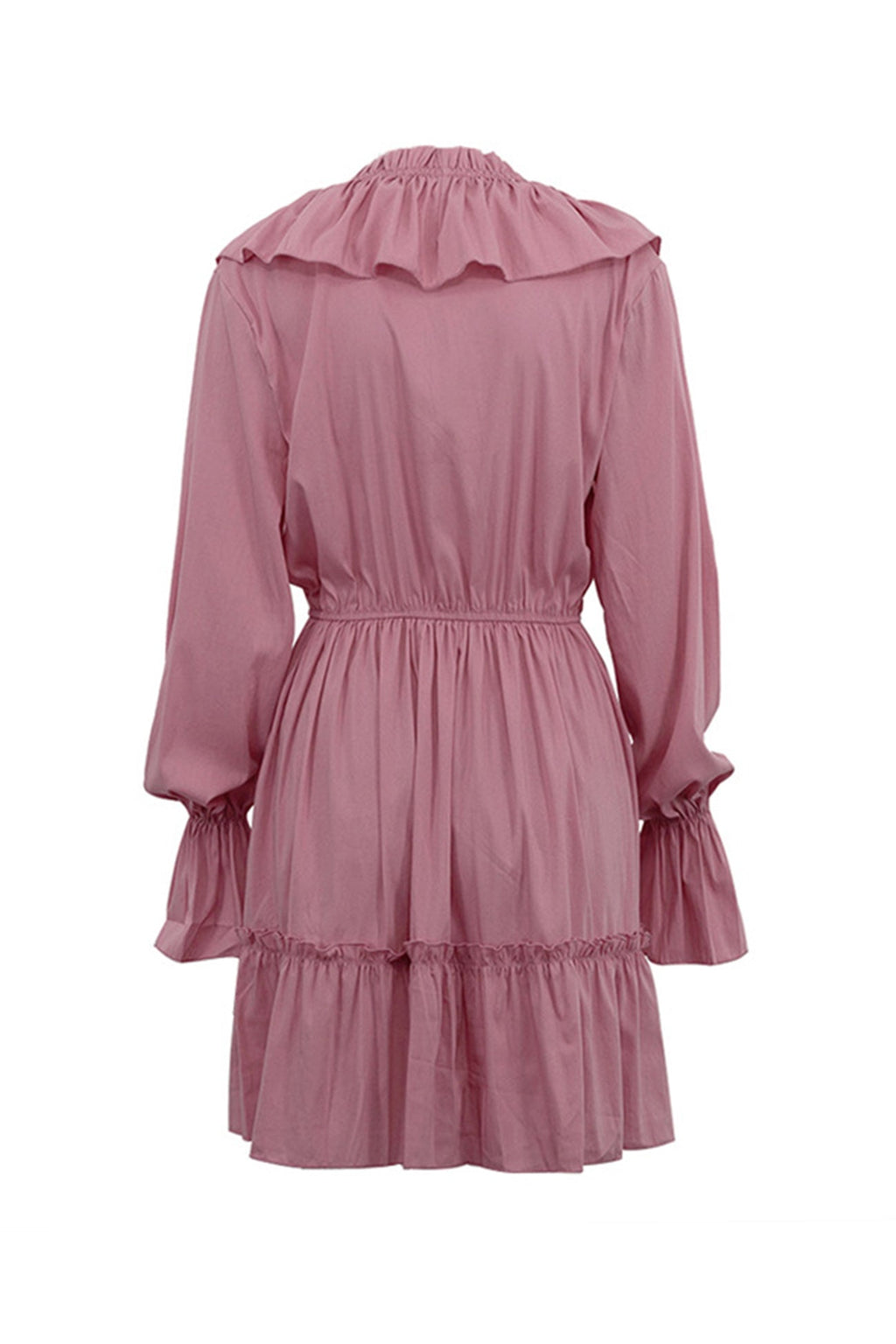 Deep V-Neck Ruffle Trim Trumpet Sleeve Tiered Ruffle Hem Mini Dress