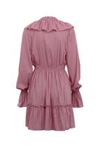Deep V-Neck Ruffle Trim Trumpet Sleeve Tiered Ruffle Hem Mini Dress