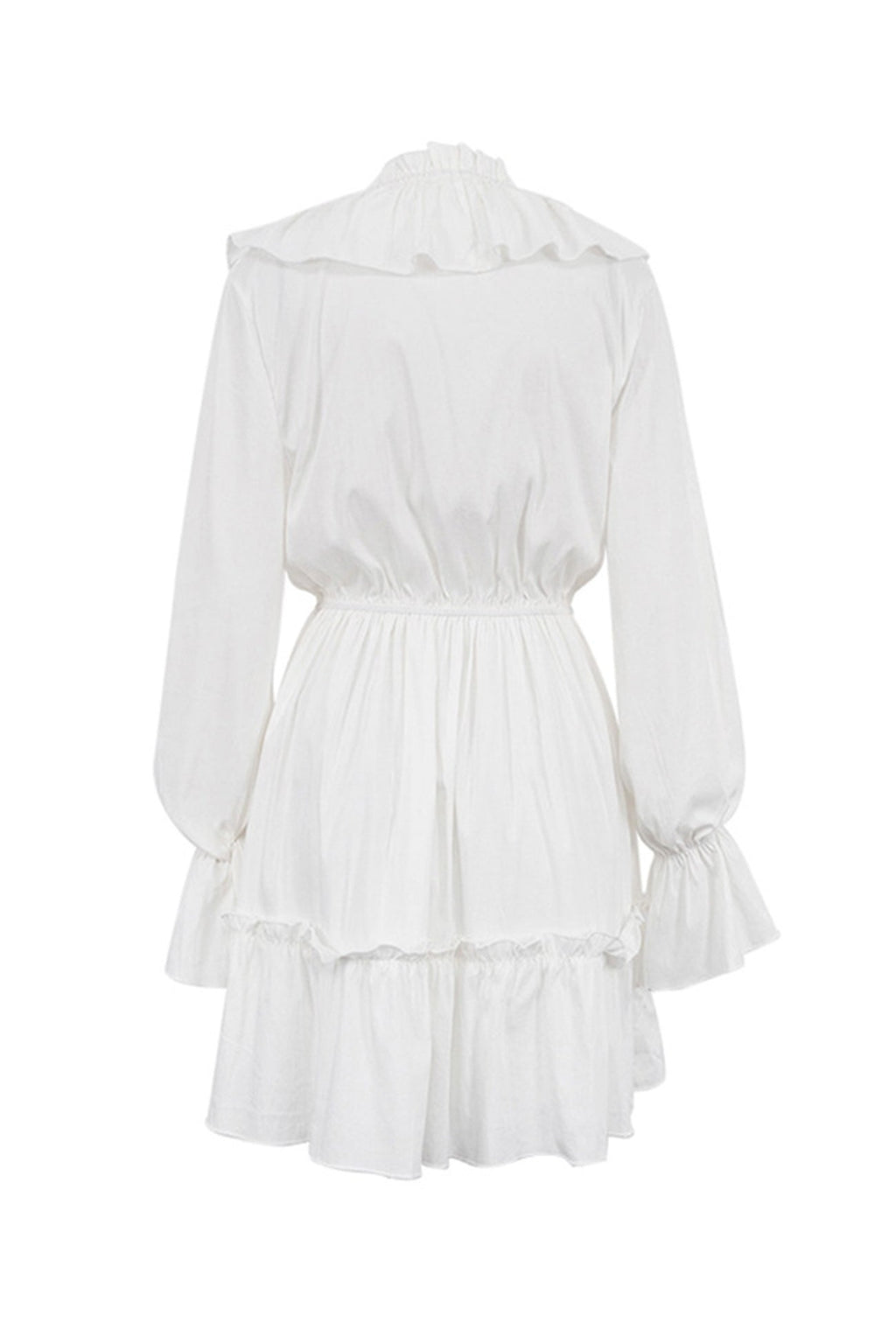 Deep V-Neck Ruffle Trim Trumpet Sleeve Tiered Ruffle Hem Mini Dress