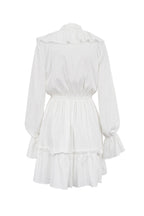 Deep V-Neck Ruffle Trim Trumpet Sleeve Tiered Ruffle Hem Mini Dress