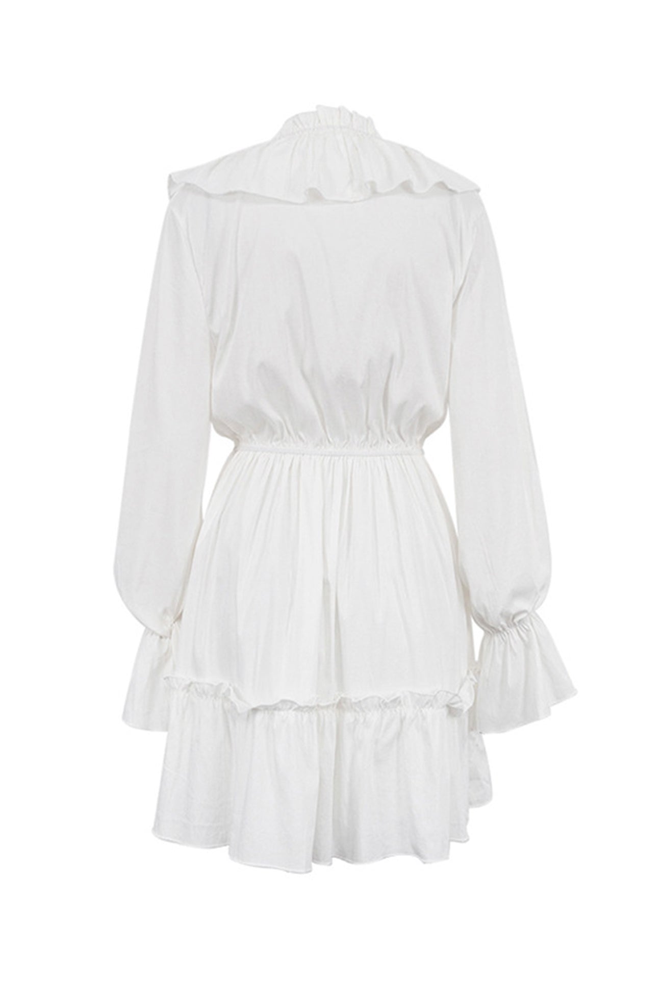 Deep V-Neck Ruffle Trim Trumpet Sleeve Tiered Ruffle Hem Mini Dress
