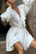 Deep V-Neck Ruffle Trim Trumpet Sleeve Tiered Ruffle Hem Mini Dress
