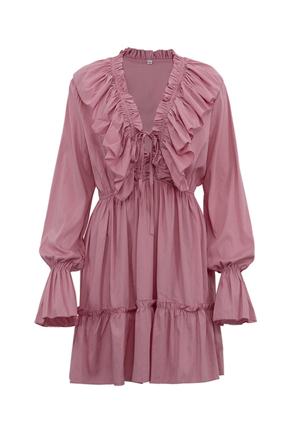 Deep V-Neck Ruffle Trim Trumpet Sleeve Tiered Ruffle Hem Mini Dress