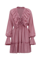 Deep V-Neck Ruffle Trim Trumpet Sleeve Tiered Ruffle Hem Mini Dress