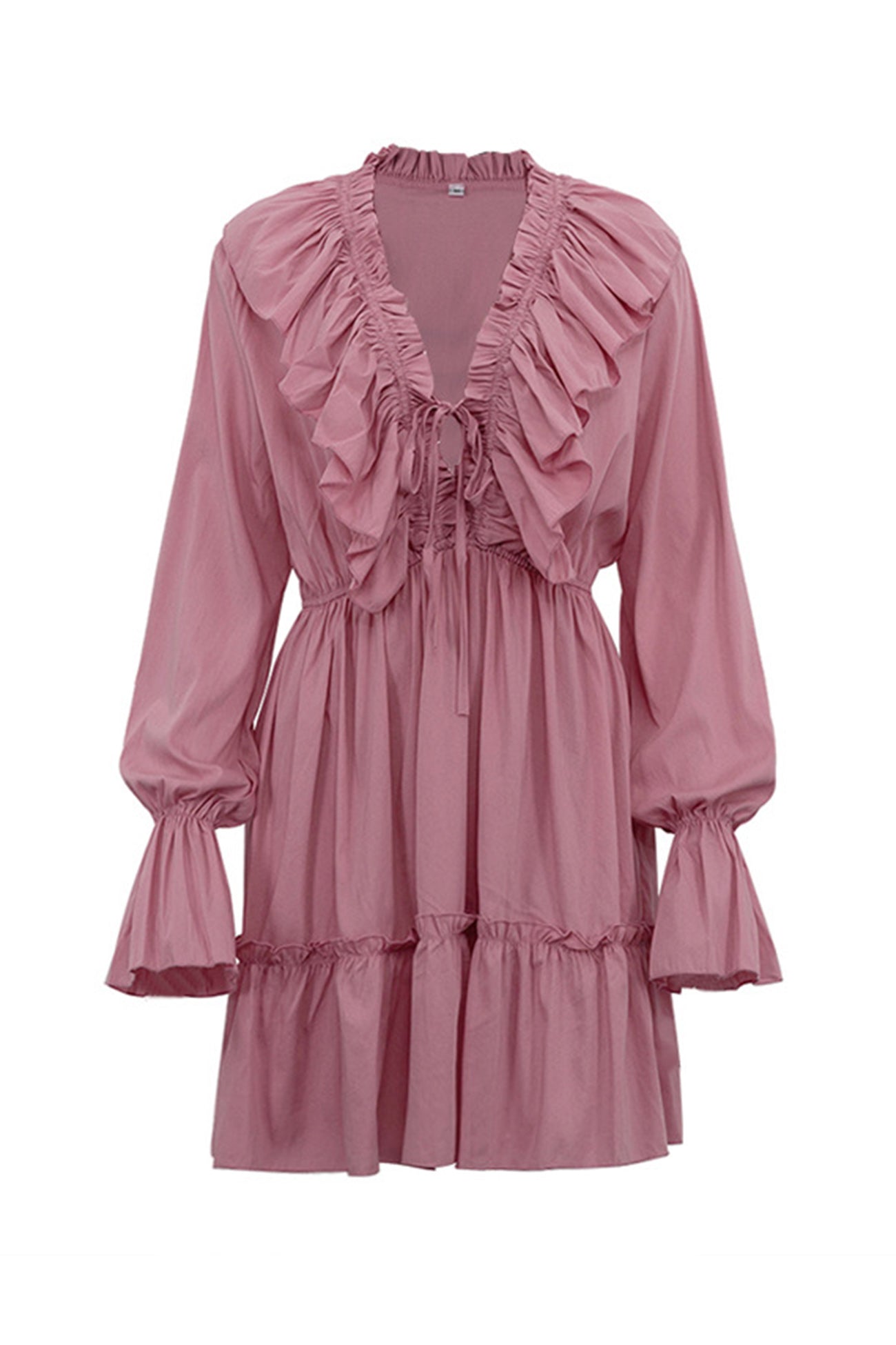 Deep V-Neck Ruffle Trim Trumpet Sleeve Tiered Ruffle Hem Mini Dress