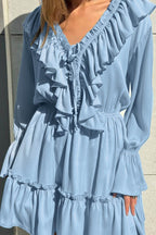Deep V-Neck Ruffle Trim Trumpet Sleeve Tiered Ruffle Hem Mini Dress