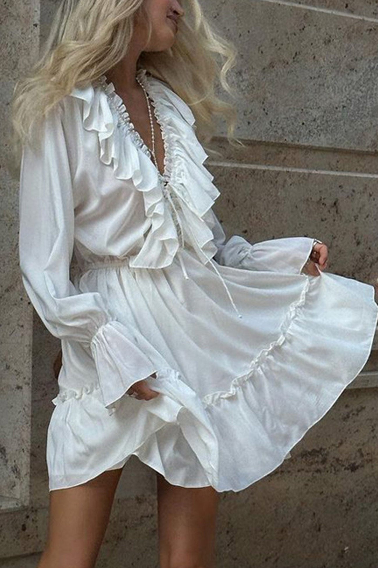 Deep V-Neck Ruffle Trim Trumpet Sleeve Tiered Ruffle Hem Mini Dress