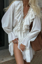 Deep V-Neck Ruffle Trim Trumpet Sleeve Tiered Ruffle Hem Mini Dress