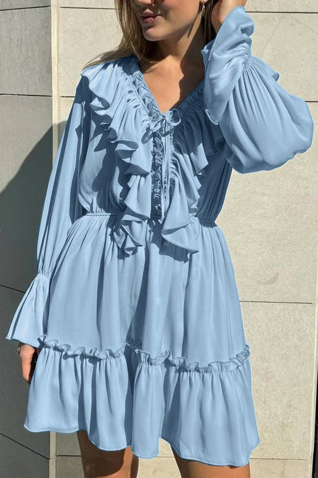Deep V-Neck Ruffle Trim Trumpet Sleeve Tiered Ruffle Hem Mini Dress