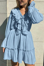 Deep V-Neck Ruffle Trim Trumpet Sleeve Tiered Ruffle Hem Mini Dress
