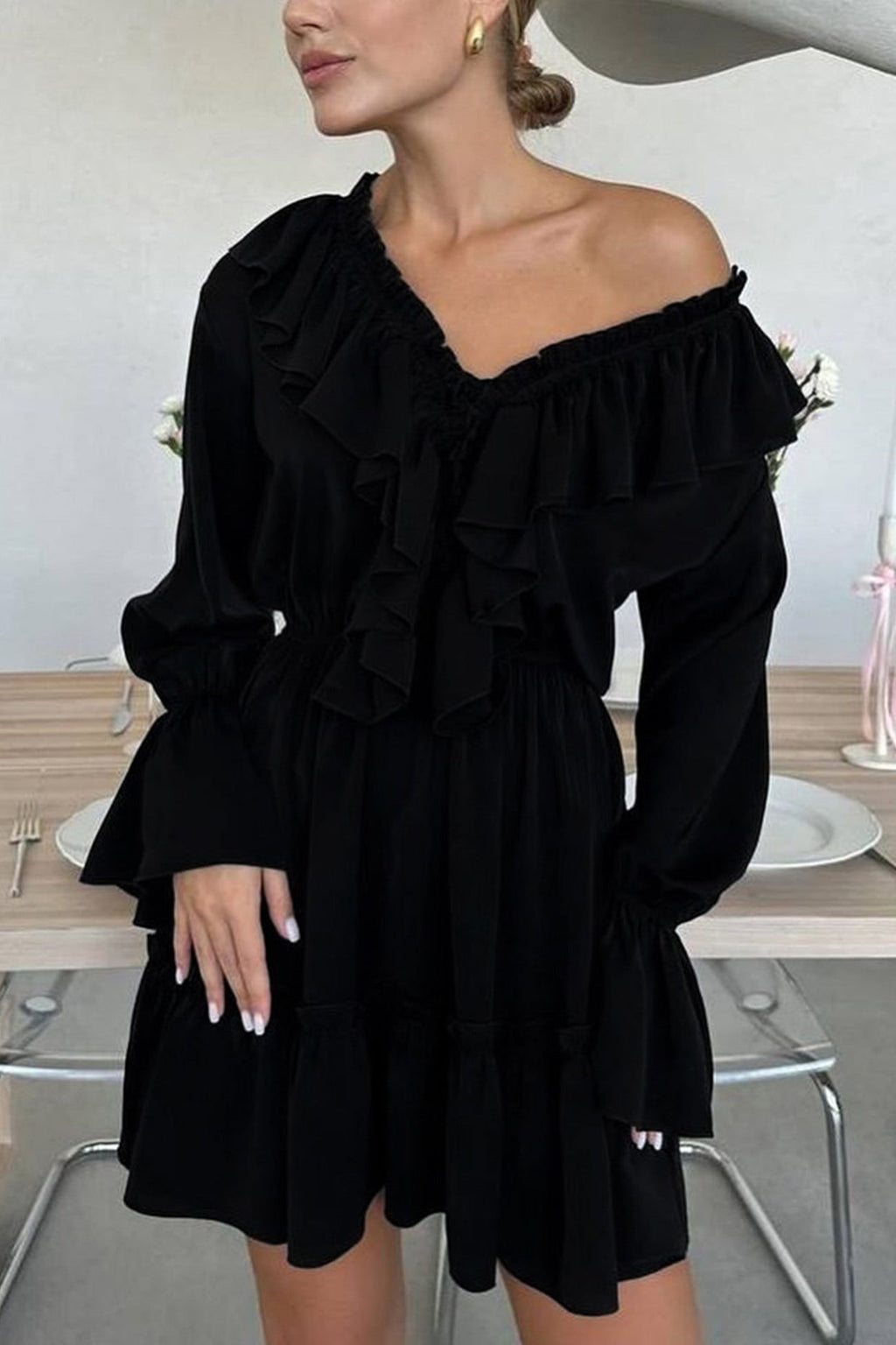 Deep V-Neck Ruffle Trim Trumpet Sleeve Tiered Ruffle Hem Mini Dress
