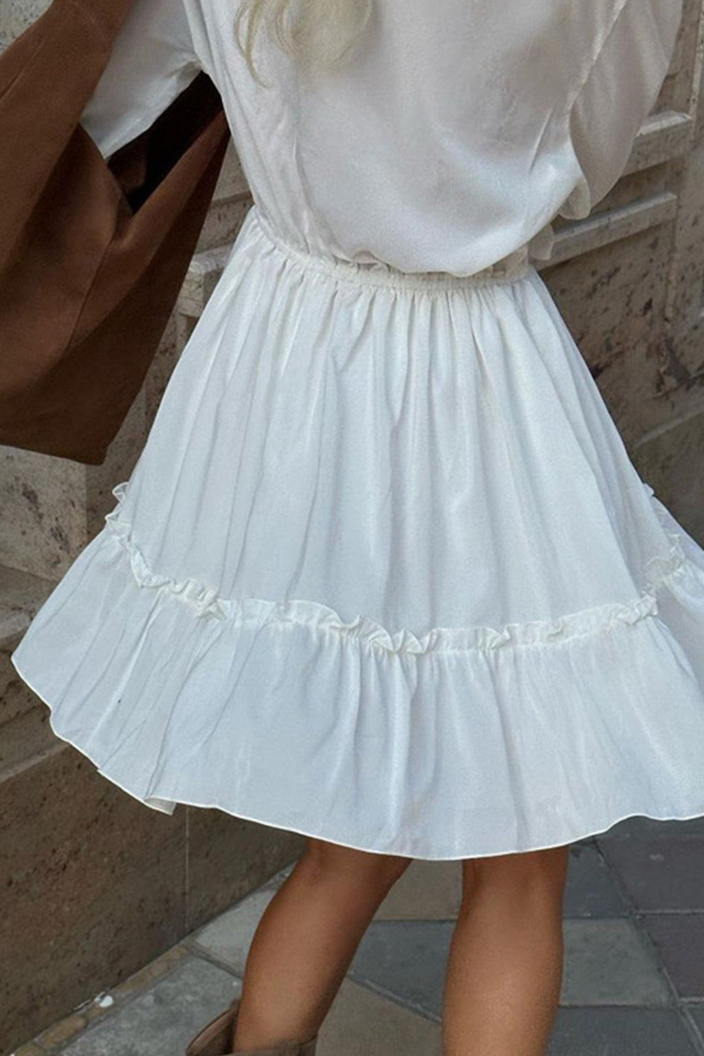 Deep V-Neck Ruffle Trim Trumpet Sleeve Tiered Ruffle Hem Mini Dress