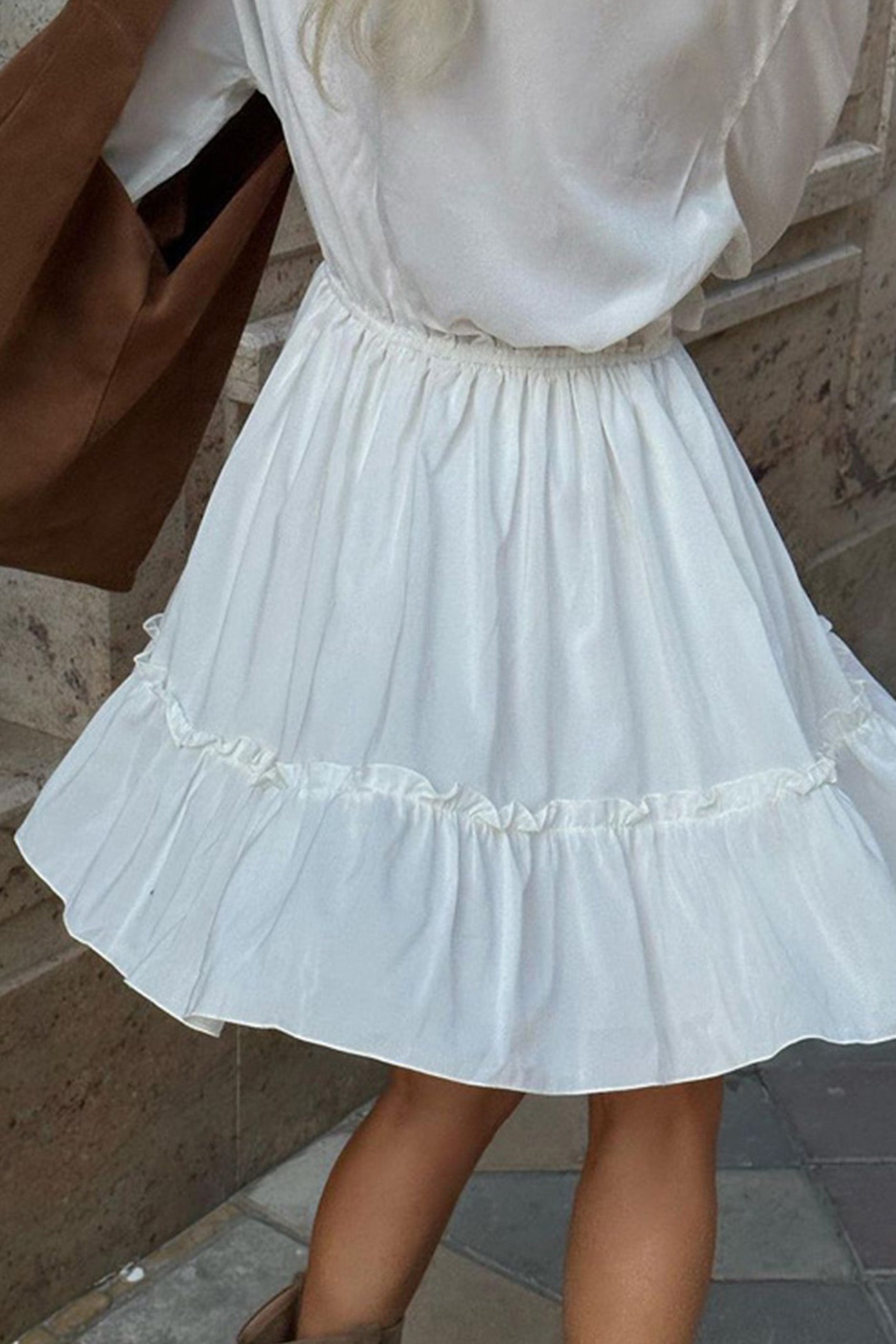 Deep V-Neck Ruffle Trim Trumpet Sleeve Tiered Ruffle Hem Mini Dress