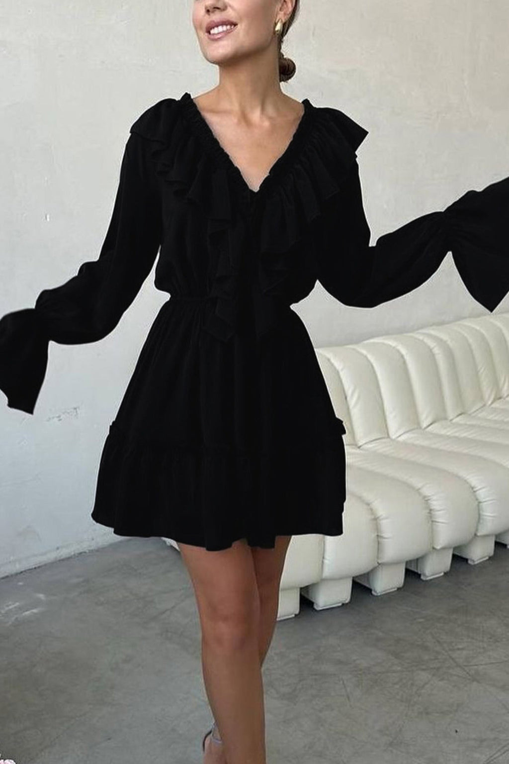 Deep V-Neck Ruffle Trim Trumpet Sleeve Tiered Ruffle Hem Mini Dress