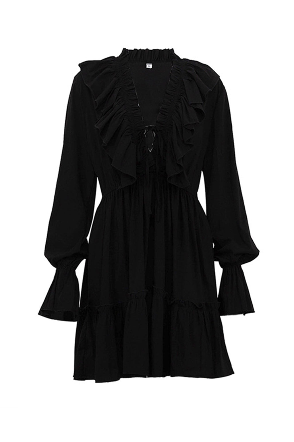 Deep V-Neck Ruffle Trim Trumpet Sleeve Tiered Ruffle Hem Mini Dress