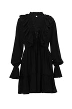 Deep V-Neck Ruffle Trim Trumpet Sleeve Tiered Ruffle Hem Mini Dress