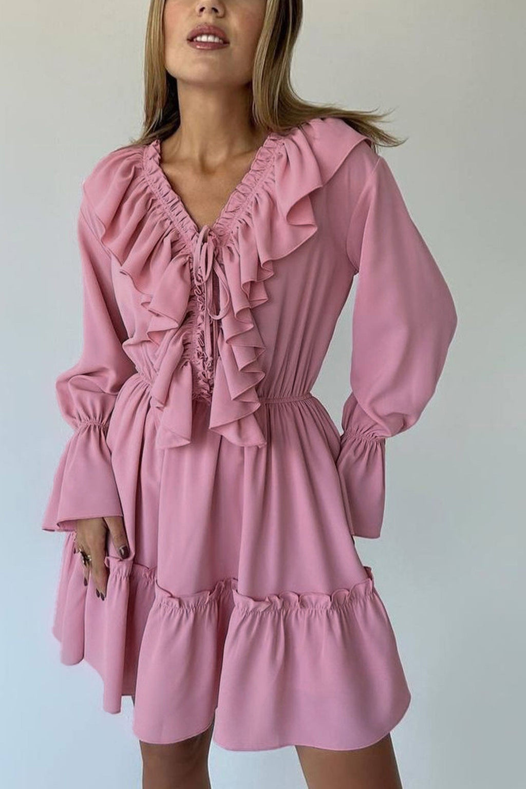 Deep V-Neck Ruffle Trim Trumpet Sleeve Tiered Ruffle Hem Mini Dress
