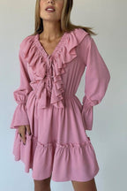 Deep V-Neck Ruffle Trim Trumpet Sleeve Tiered Ruffle Hem Mini Dress